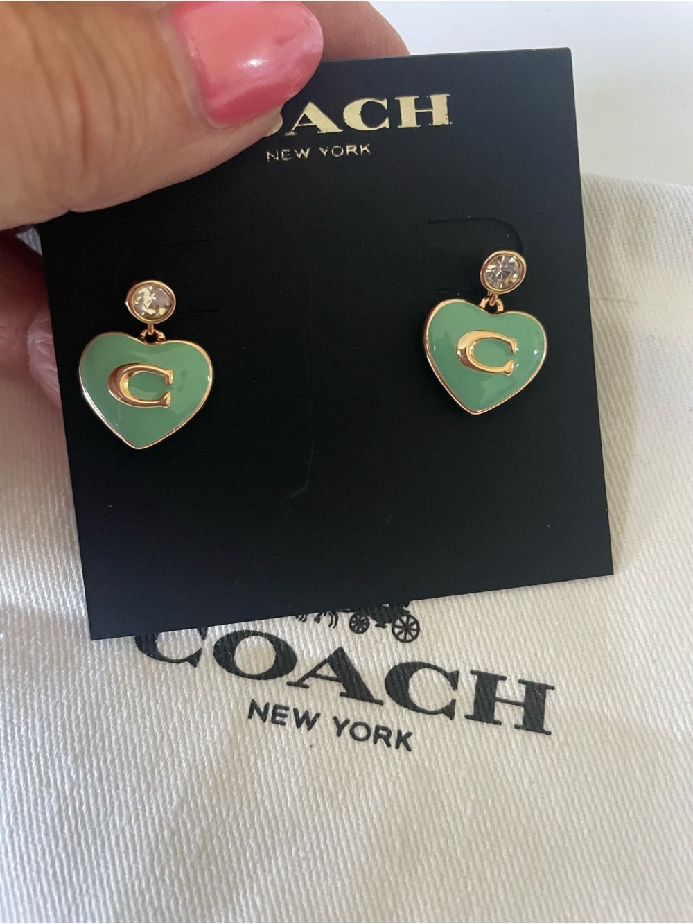 Coach Mint Green Heart Drop Earrings with Gold 'C' and Crystal Studs